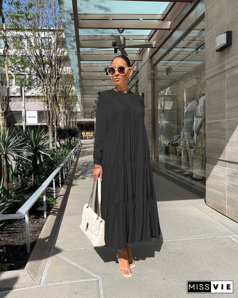 Solid Long Sleeve Loose Fitting Pleated Maxi Dresses