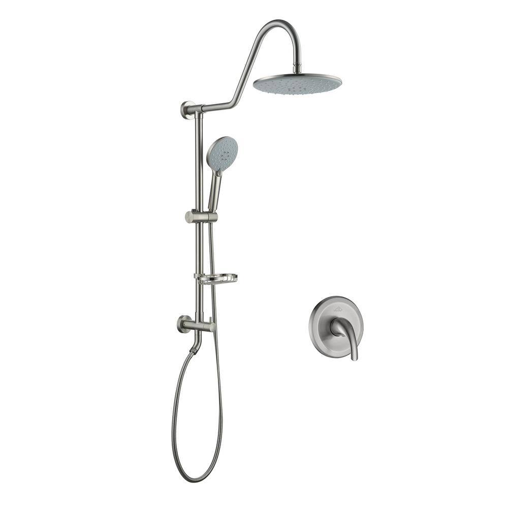 CASAINC 3-Spray Patterns 2.5GPM Round 10 in. Wall Bar Shower Kit with Hand Shower and Slide Bar in Brushed Nickel CS19S101BN