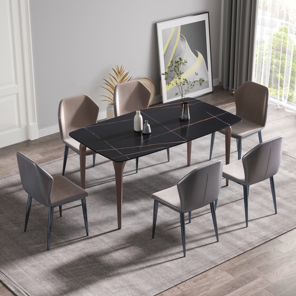 63 Inch Black Artificial Stone and Metal Leg Dining Table for 6 People