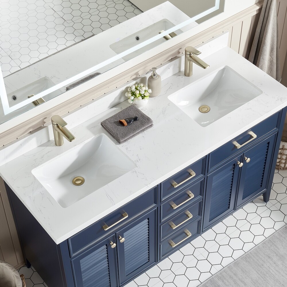 Barcelona 30 inch wood double sink vanity with marble and ceramic sink in Blue