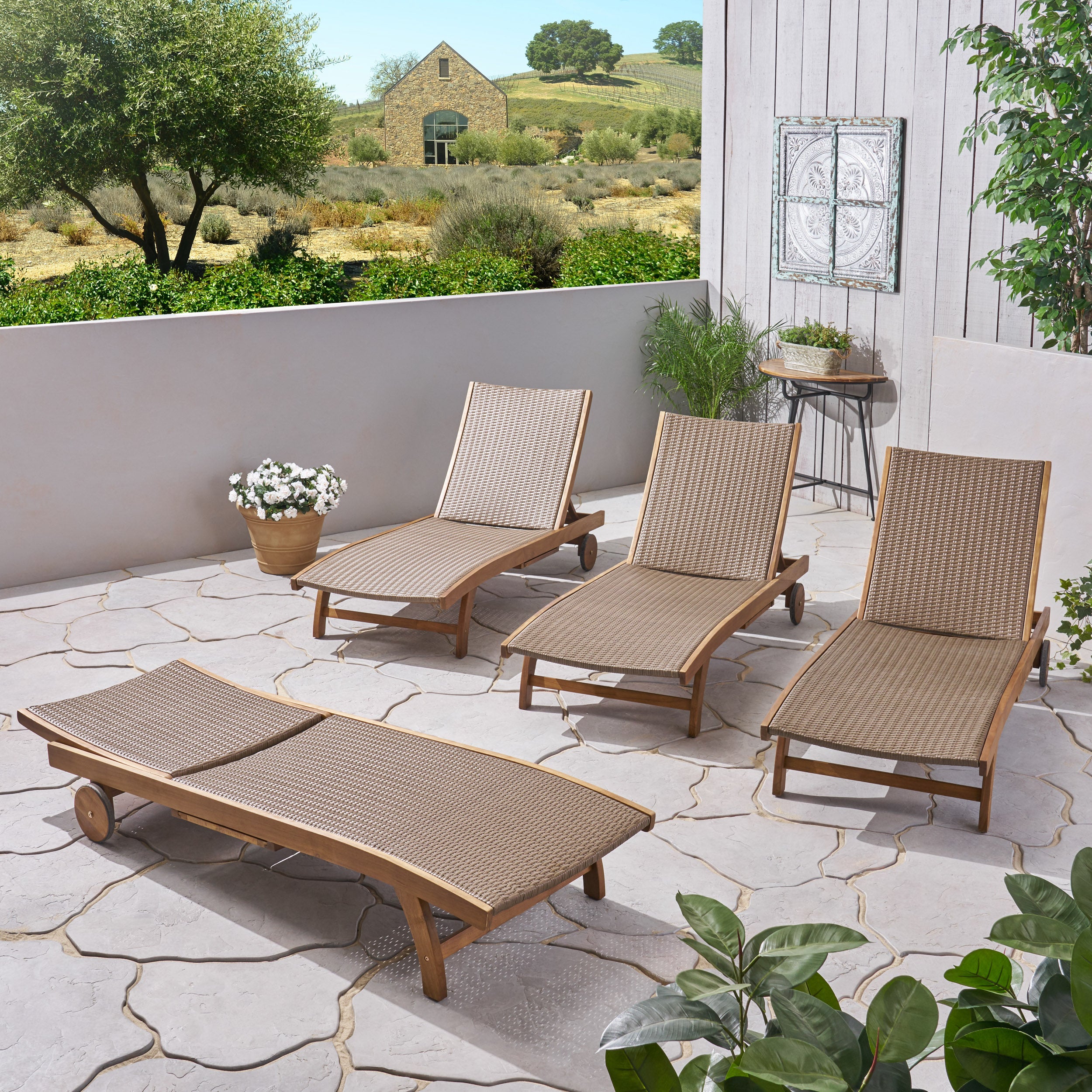 Yedda Outdoor Wicker and Wood Chaise Lounge with Pull-Out Tray