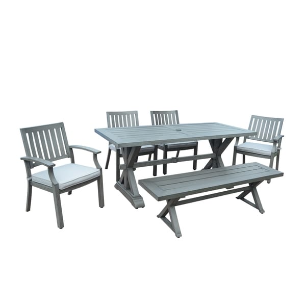 Lombok Outdoor Modern 6 Seater Aluminum Dining Set with Dining Bench by Christopher Knight Home