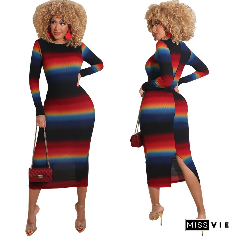 Gradient Print Women Long Sleeve Elegant Bodycon Midi Dress