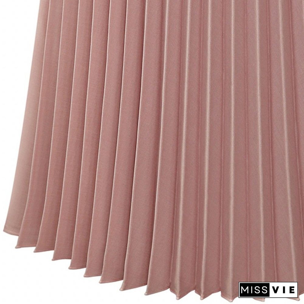 Spring Thick Chiffon Pleated Long Skirt Women Stretch Waist Casual Pink Calf-Length Pleated A-Line Skirt Summer