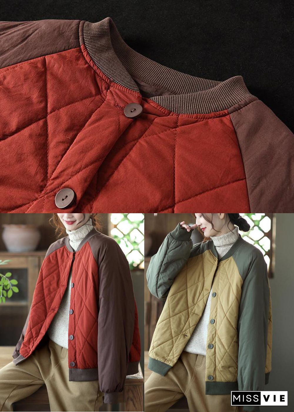 Bohemian Red Oversized Patchwork Fine Cotton Filled Jackets Winter