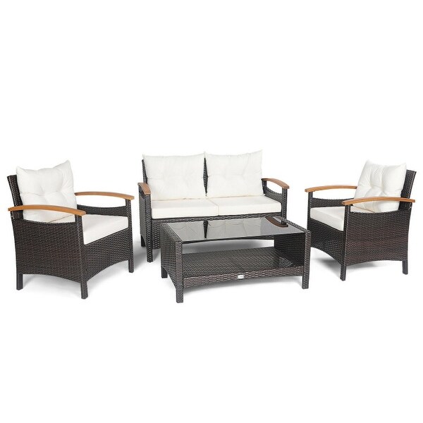 4 Pieces Patio Rattan Furniture Set with Cushioned Sofa and Storage Table - 46.5