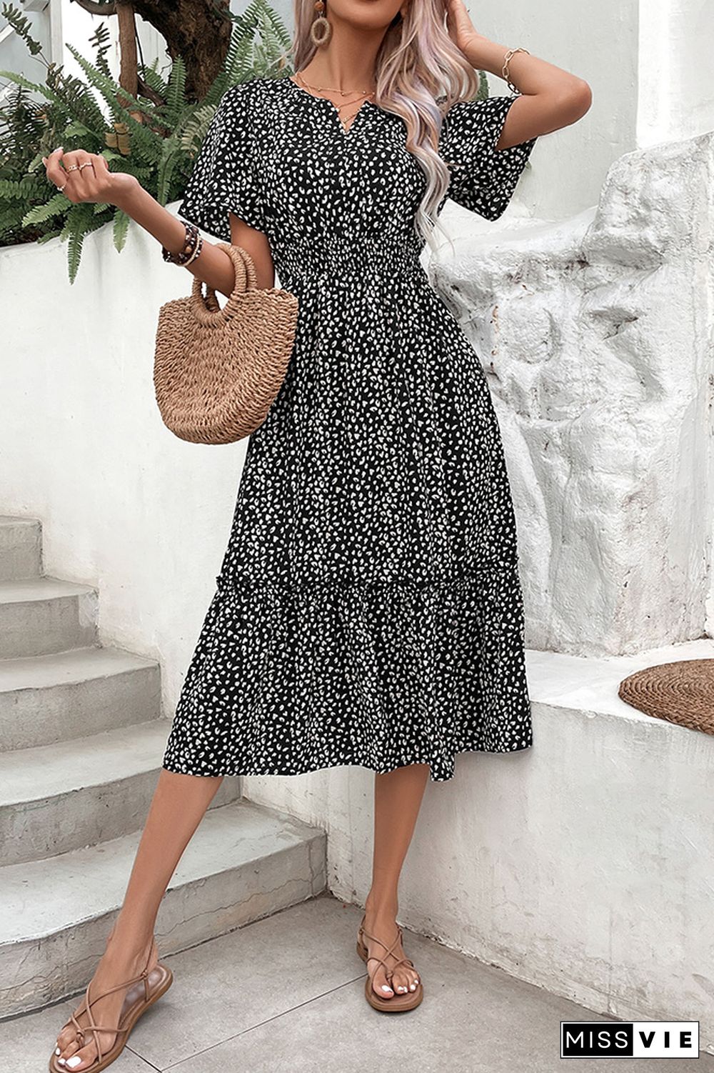 Black Spot Split V Neck Ruffles Midi Dress