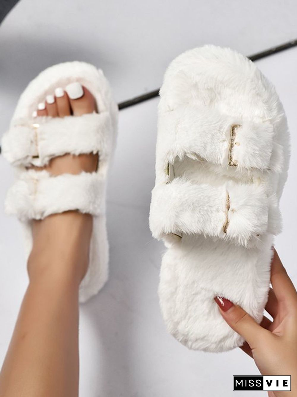 Casual Buckle Furry Slippers