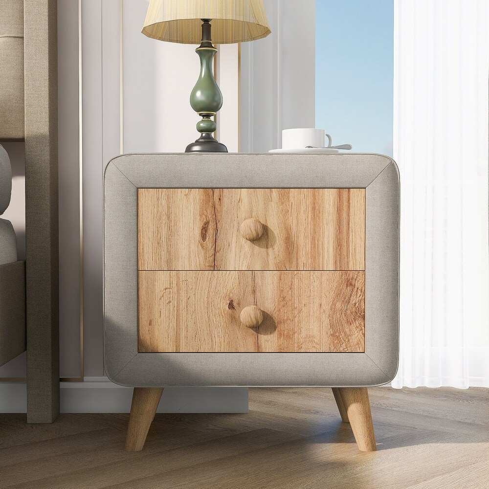 Upholstered Wooden Nightstand with 2 Drawers Fully Assembled Except Legs and Handles Bedside Table