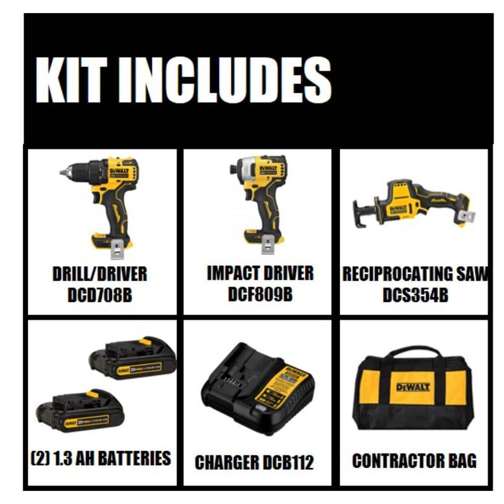 DEWALT ATOMIC 20V MAX Cordless Brushless Compact Drill/Impact 2 Tool Combo Kit, 20V Reciprocating Saw, and (2) 1.3Ah Batteries DCK278C2W369B