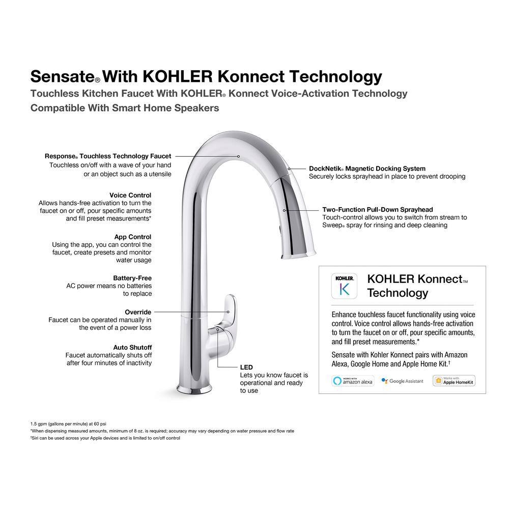 KOHLER Sensate Single-Handle Pull-Down Sprayer Kitchen Faucet with Kohler Konnect in Matte Black K-72218-WB-BL