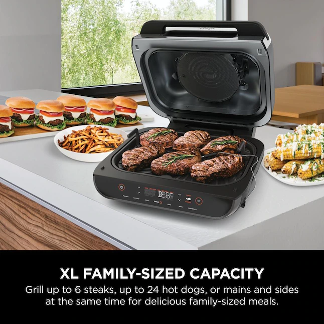 Ninja FG551 Foodi Smart XL 6-in-1 Indoor Grill with Air Fry， Roast， Bake， Broil and Dehydrate， Smart Thermometer， Black/Silver