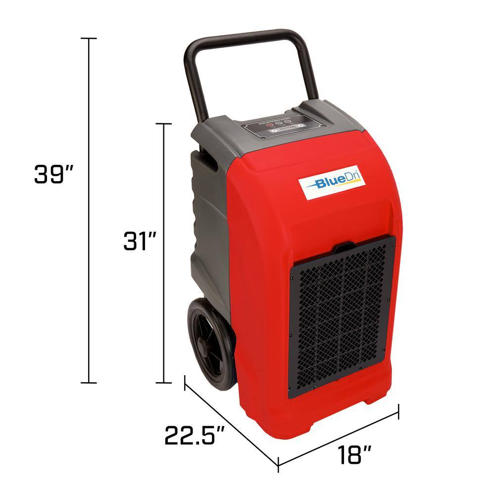 BlueDri 150-Pint Commercial Dehumidifier in Red for Water Damage Restoration Mold Remediation BD-BD-76-RD