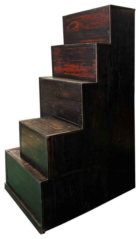 Vintage Restored Distressed Brown Black Narrow Tansu Step Cabinet Hcs7553   Traditional   Accent Chests And Cabinets   by Golden Lotus Antiques  Houzz