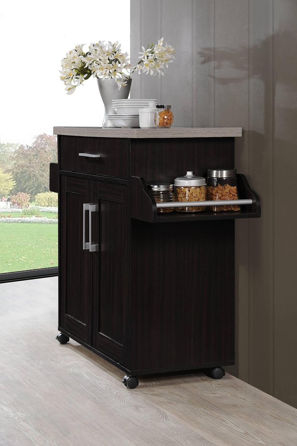 Hodedah Kitchen Cart with Spice Rack plus Towel Holder， Chocolate  Grey