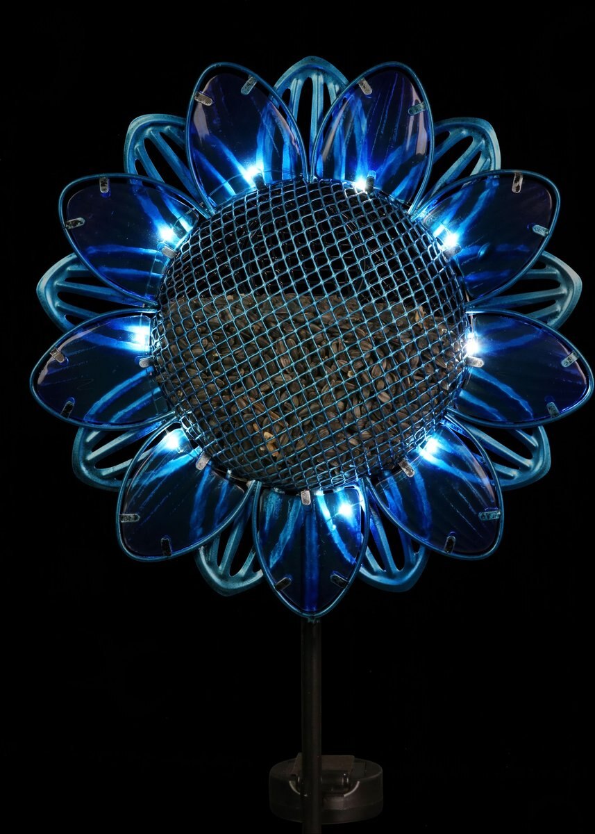 Exhart Solar Sunflower Metal and Glass Bird Seed Feeder Garden Stake