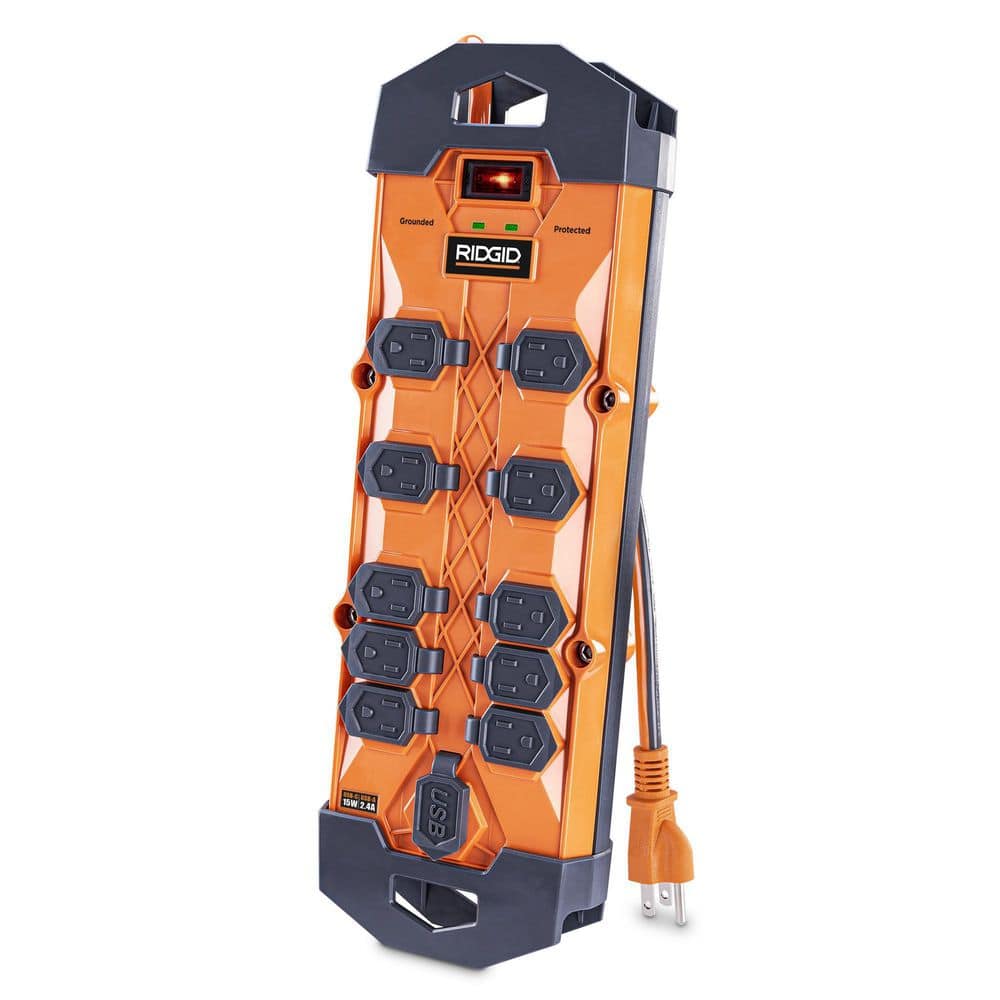 RIDGID 10 ft. Cord 10-Outlet, 2.4 Amp USB-A, 15-Watt USB-C, 4200J Surge Protector RG1010UC