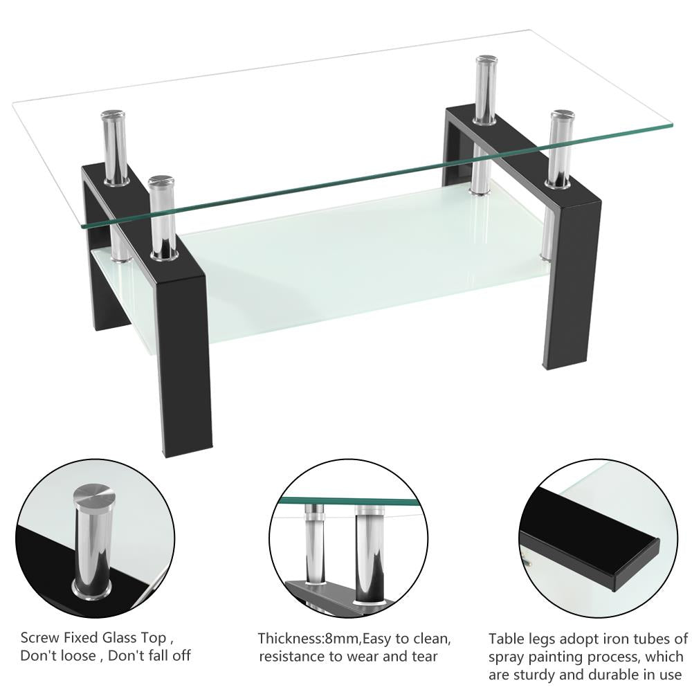 Ubesgoo Glass Double Tiers Coffee Table Rectangular Black