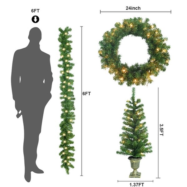 PreLit Holiday Christmas 4Piece Set with LED Lights，Christmas Garlands，Wreath and Set of 2 Entrance Trees