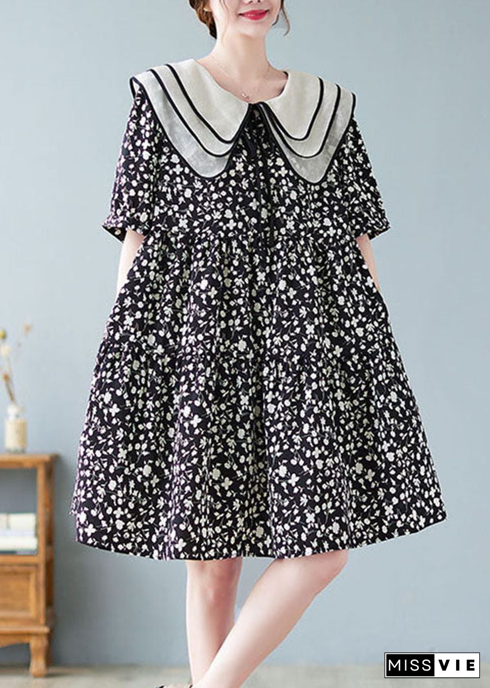 Fine Black Peter Pan Collar Wrinkled Print Patchwork Cotton Mid Dresses Summer