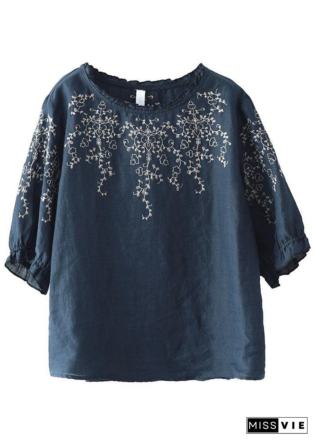 Handmade Navy lantern Sleeve O-Neck Embroideried Summer Ramie Blouses