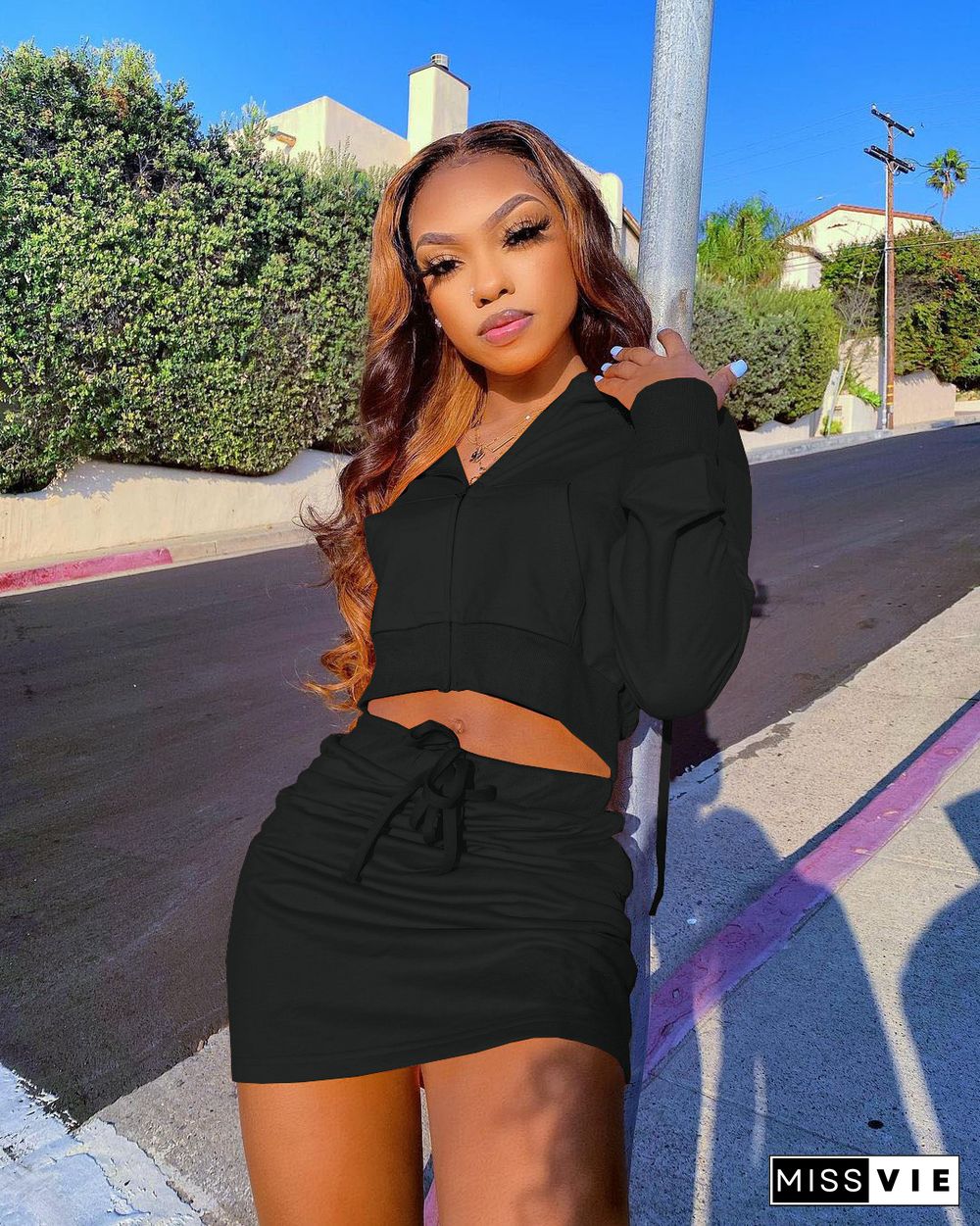 Zip Up Jacket Crop Tops Mini Skirt 2 Piece Sets