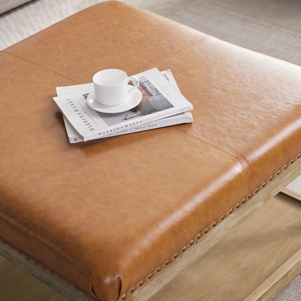 Tufted Textile Shelved Ottoman Table Brown/ Beige/ Light Blue