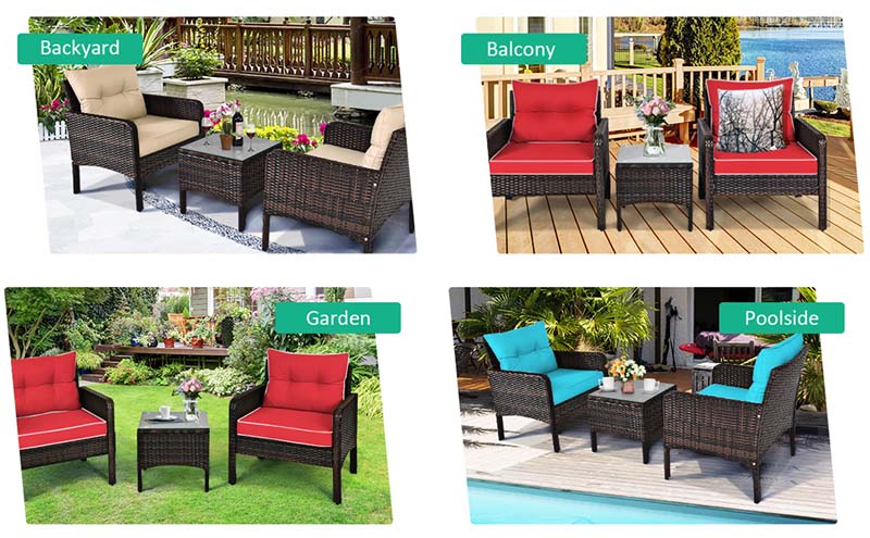 3 Pcs Rattan Wicker Outdoor Bistro Set with Coffee Table & Chairs, All-Weather Patio Conversation Sets