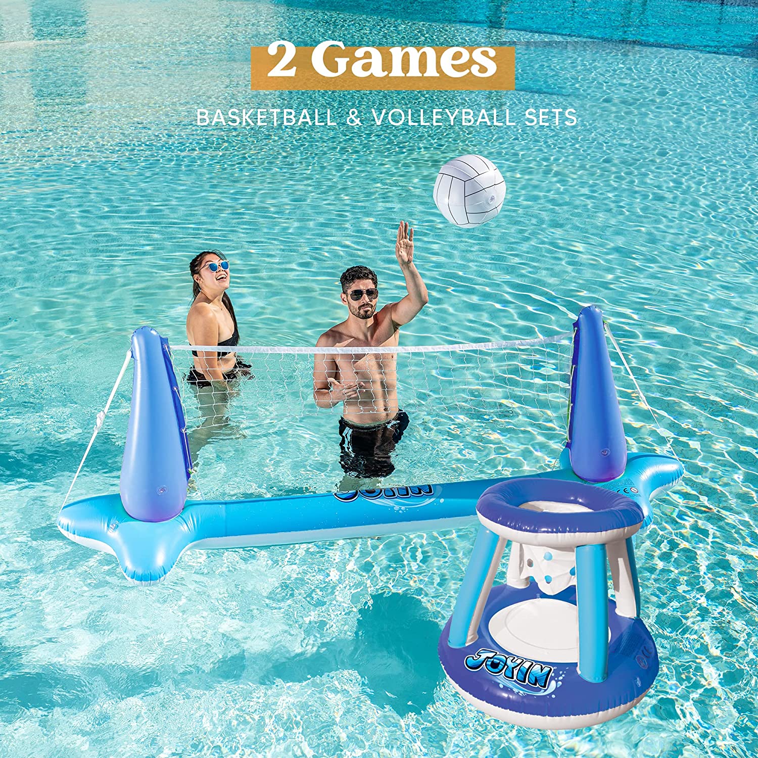 Clearance - Inflatable Volleyball Net & Basketball Hoops Pool Float Set, Blue