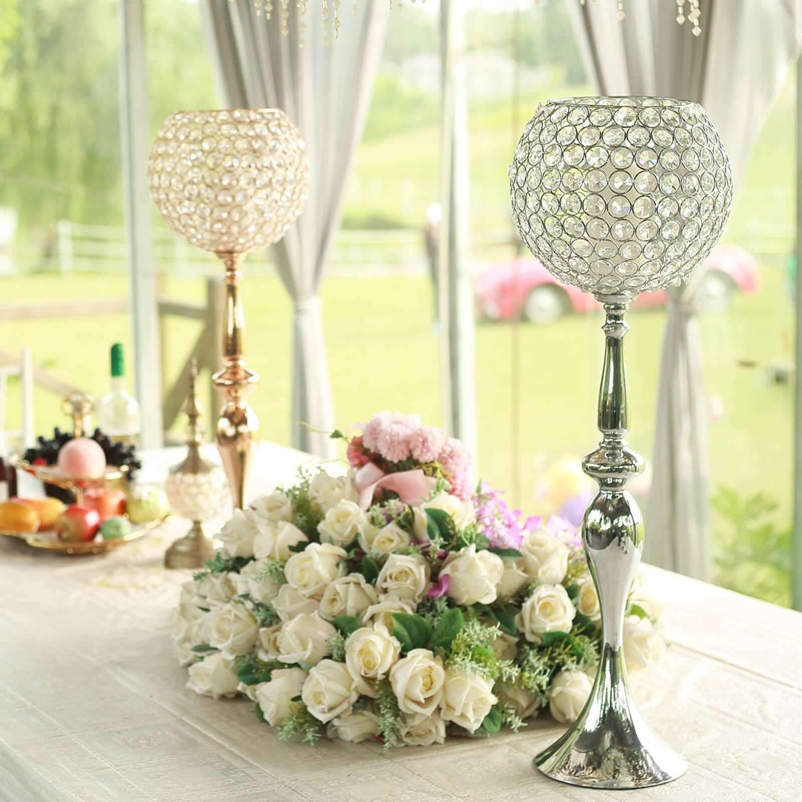 Silver Metal Acrylic Crystal Goblet Candle Holder, Flower Ball Stand 30