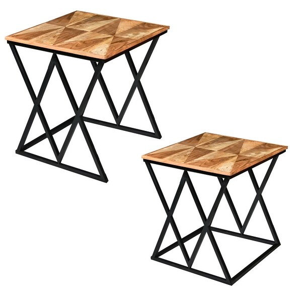 25， 23 Inch Square 2 Piece Nesting End Table Set， Wood to P， X Shape Iron Frame， Den， Bedroom Living Room， Brown and Black