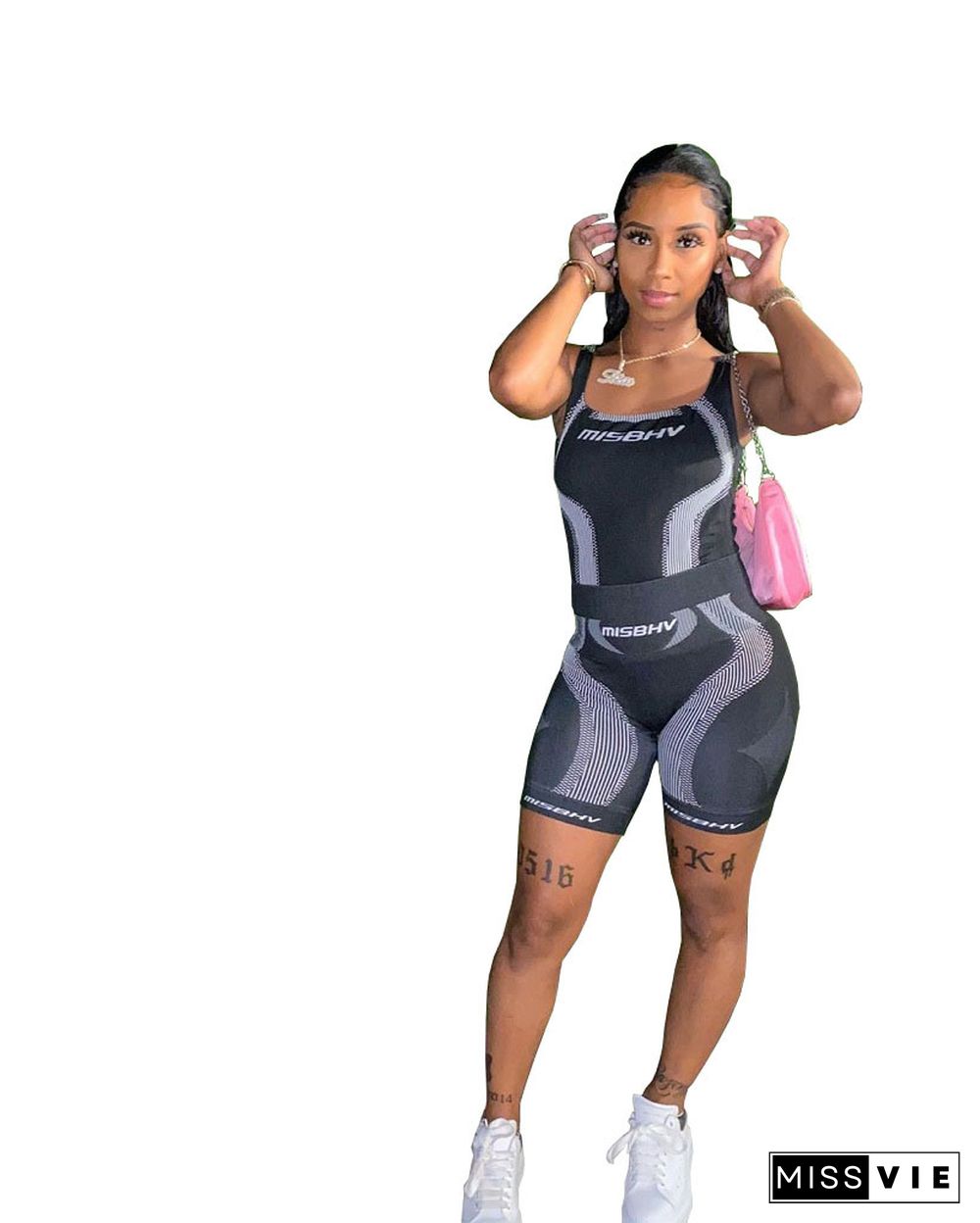 Summer Print Sleeveless Vest Top Fitness Shorts Two Piece Set