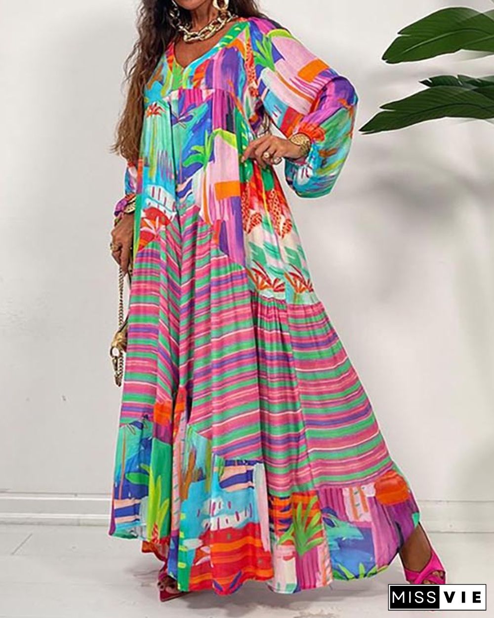 Bohemian Beach Vacation Loose Striped Print Dress