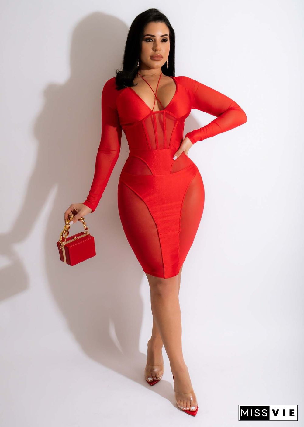 Mesh Patchwork Long Sleeve Bodycon Party Club Dress