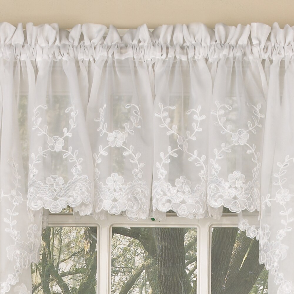 Sheer Voile Embroidered Scrolling Floral Leaf Pattern Window Curtain Pieces   Tiers  Valance and Swag Pair Options