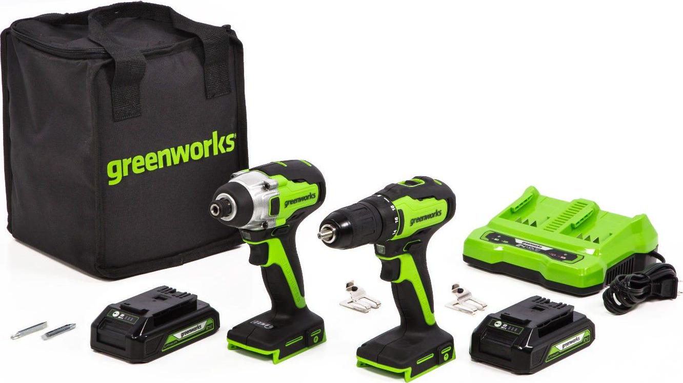 Greenworks 24V Brushless 310 in./lbs Drill / Driver + 1900 in./lbs Impact Driver Combo Kit， (2) USB (Power Bank) Batteries and Dual Port Charger， LED Light， 2pcs Driving Bits with Tool Bag， 1309702AZ