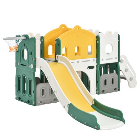 CHURANTY Kids Slide Playset Structure Indoor ， Castle Climber with Slide and Basketball Hoop，  Kids Climbers Playhouse for Outdoor Playground Activity，Toy Storage Organizer for Toddlers， Green