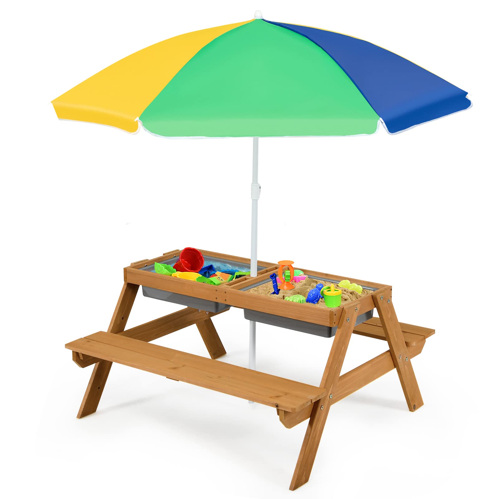 Costzon Kids Picnic Table, 3 in 1 Sand & Water Table w/Height Adjustable Umbrella