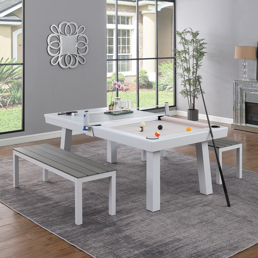 Norwalk Indoor/Outdoor 7ft Slate Pool Table Dining Set with 2 Benches   Accessories  White Finish