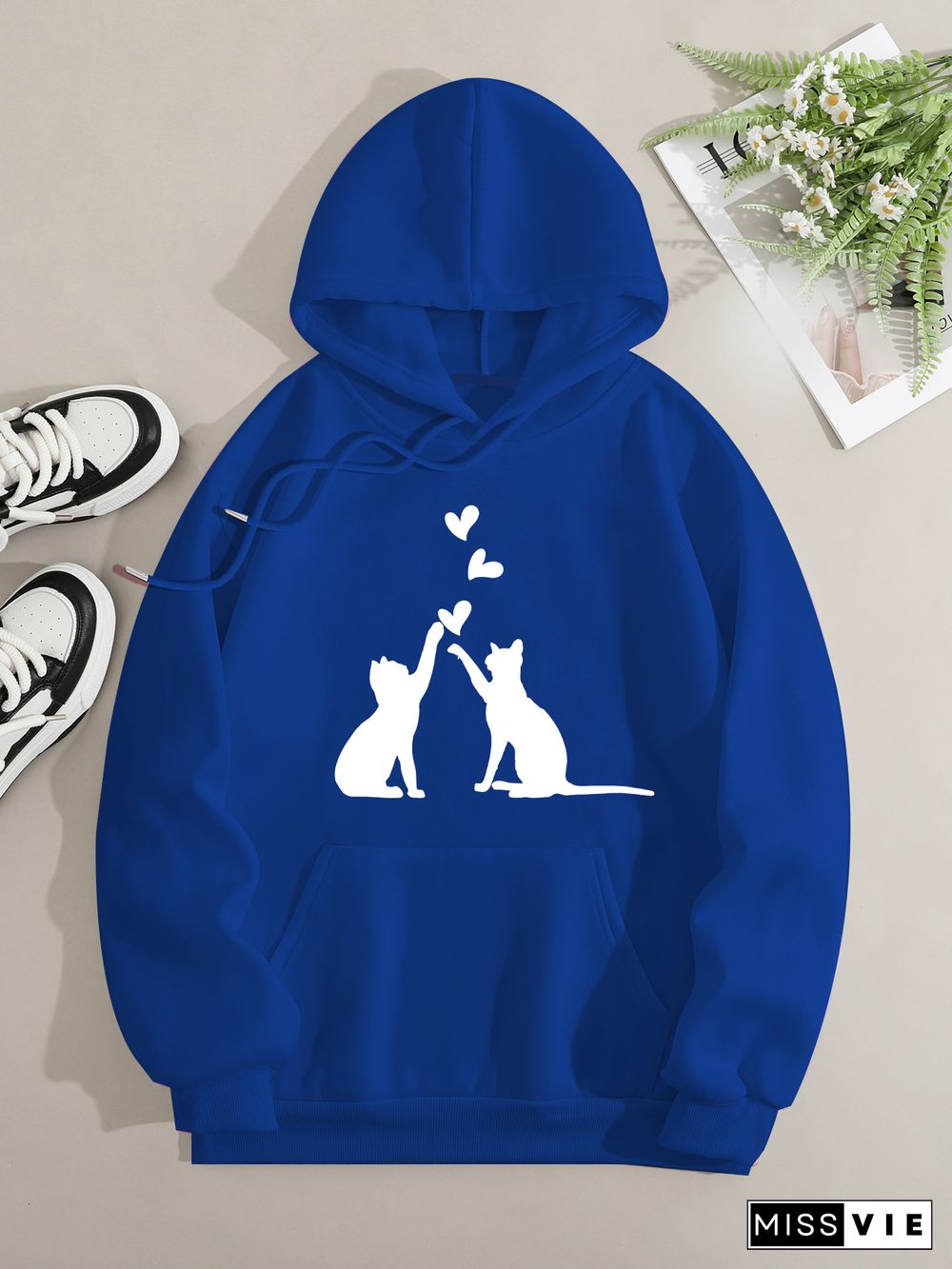 Printed on front Kangaroo Pocket Hoodie Long Sleeve for Women Pattern Cats high five