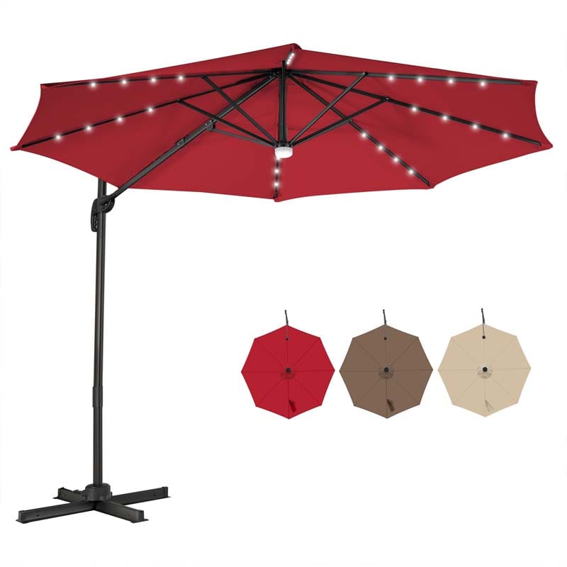 10 FT Cantilever Offset Patio Umbrella 28 Solar LED Lighted Market Umbrella with 3-Tilt Position, Crossed Base