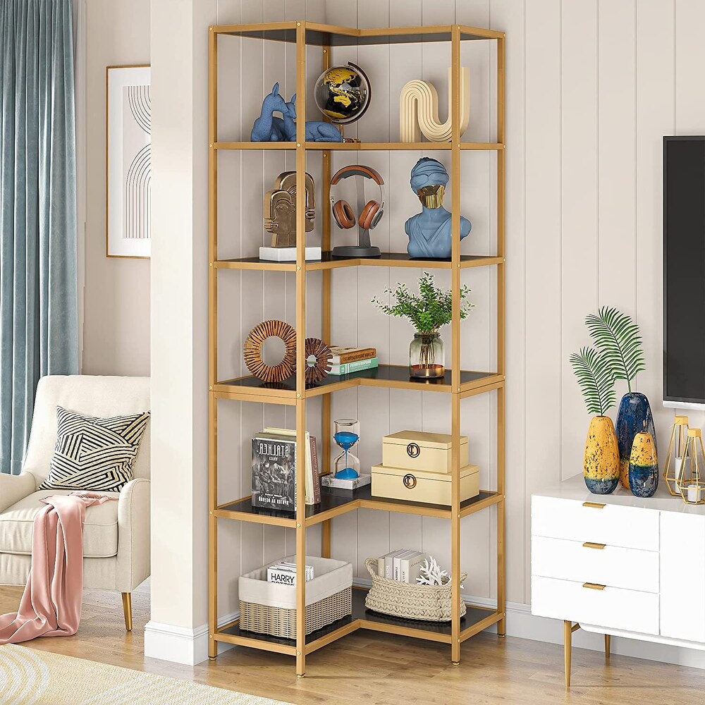 6 Shelf Corner Bookshelf  70.9 Inch L Shaped Bookcase for Small Space