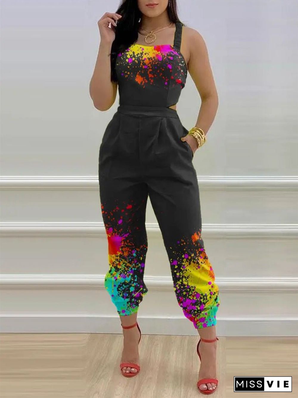 Women'S Jumpsuits Printed Sling Bare Back Jumpsuit