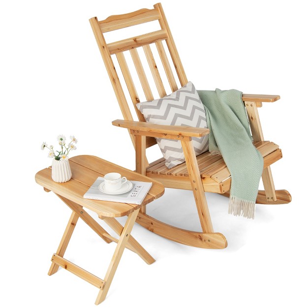 Costway 2pcs patio Wooden Rocking Chair Bistro Set High Backrest W folding Side Table