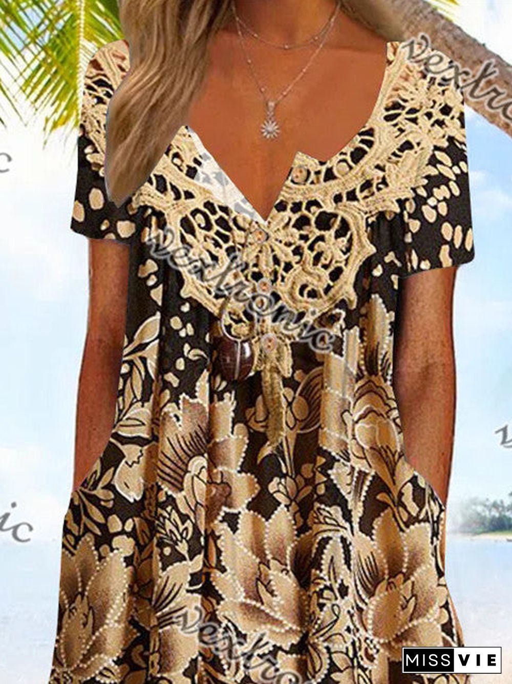 Women's Short Sleeve V-neck Floral Printed Lace Button Midi Dress