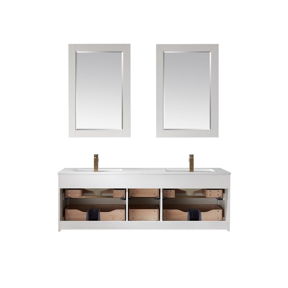 Altair Morgan Double Bathroom Vanity Set in White and Aosta White Countertop with Mirror