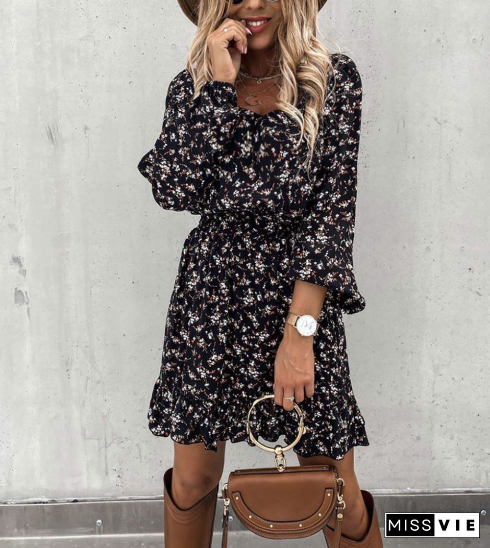 Long Sleeve Elastic Waist Ruffle Printed Dress