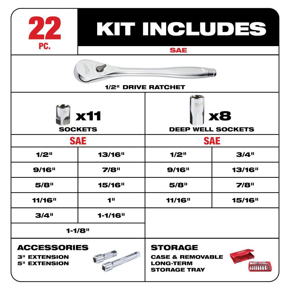 MW 12 in. Drive SAE Ratchet  Socket Mechanics Tool Set with 12 in. Drive 90-Tooth 18 in. Extended Ratchet (23-Piece) 48-22-9410-48-22-9050