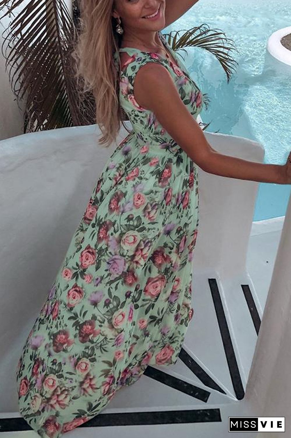 V Neck Floral Print Maxi Dress