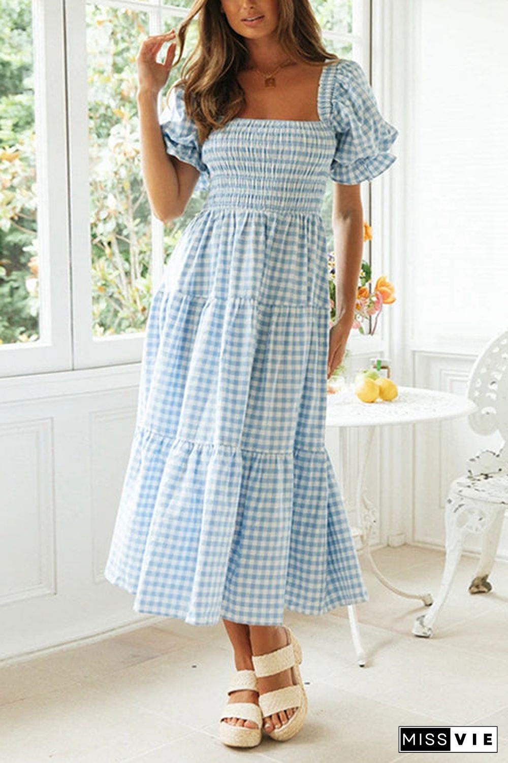 Plaid Square Neck Puff Sleeve Midi Dress